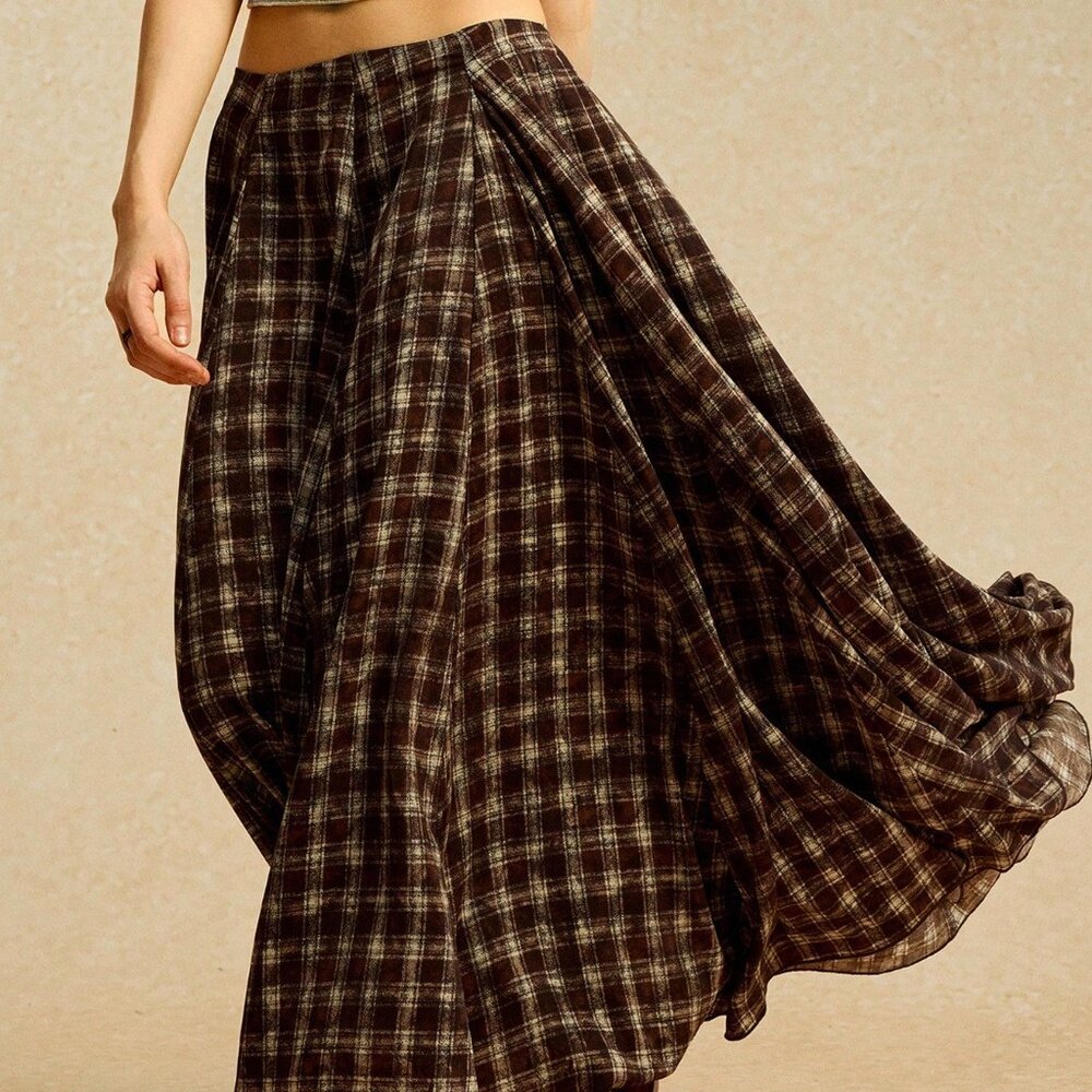 Mocha Brown Casual Women's Long Loose Plaid Skirt - Picture 6 of 8